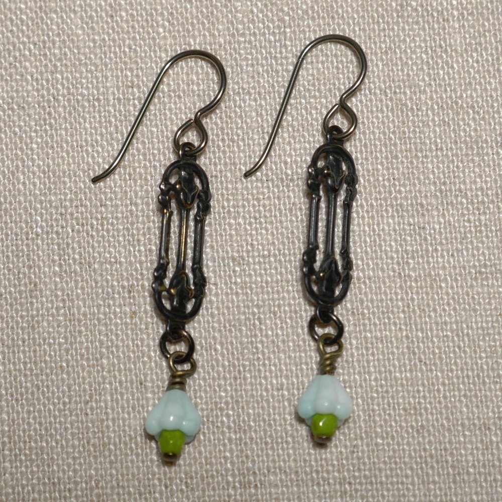 Hand Crafted Handmade Earrings Arts & Crafts Style Brass Blue Bell Flowe…